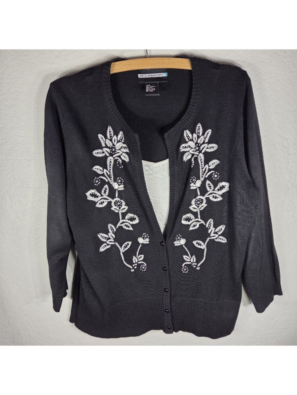 Requirements Black Floral Embroidered Cardigan Sweater Size Large